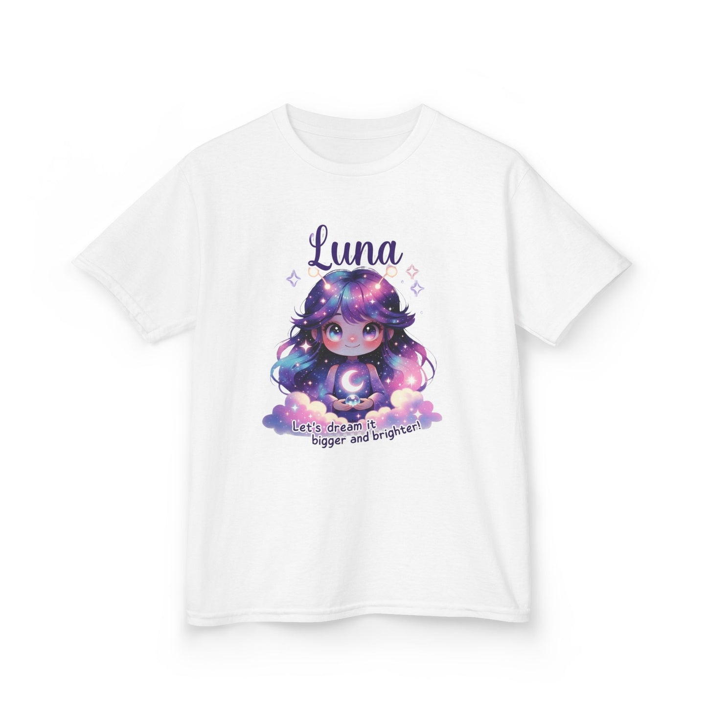 White kids t-shirt featuring Luna the Imagination Trait Buddy with galaxy hair and crescent moon from OrbPals
