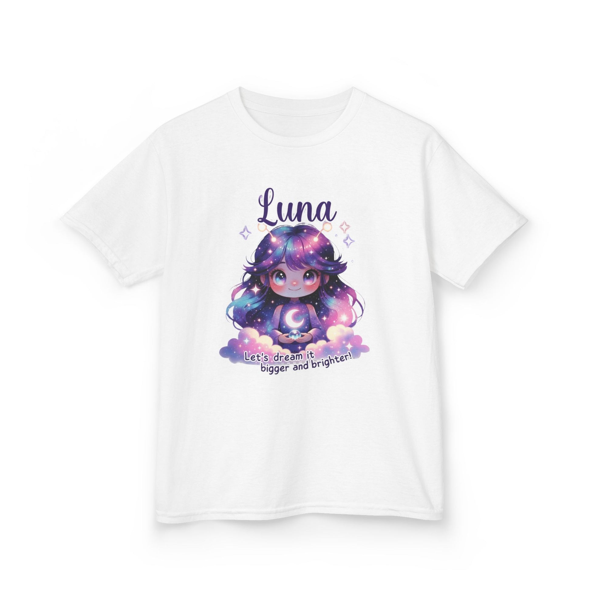 White kids t-shirt featuring Luna the Imagination Trait Buddy with galaxy hair and crescent moon from OrbPals