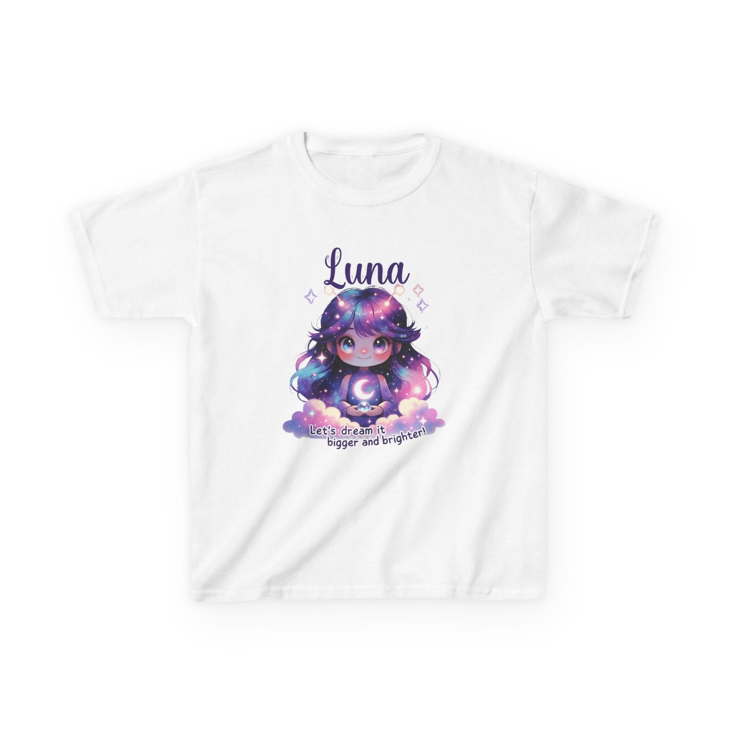 White kids t-shirt featuring Luna the Imagination Trait Buddy with galaxy hair and crescent moon from OrbPals