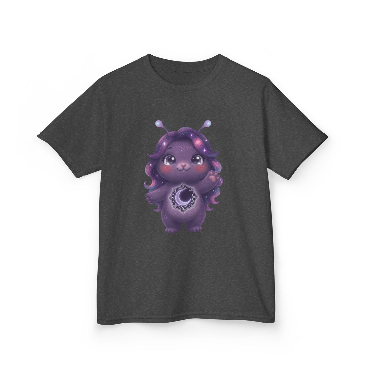 Dark gray crew-neck t-shirt featuring a cute purple galaxy creature with antennae, long wavy hair, and a glowing crescent moon emblem on its chest.