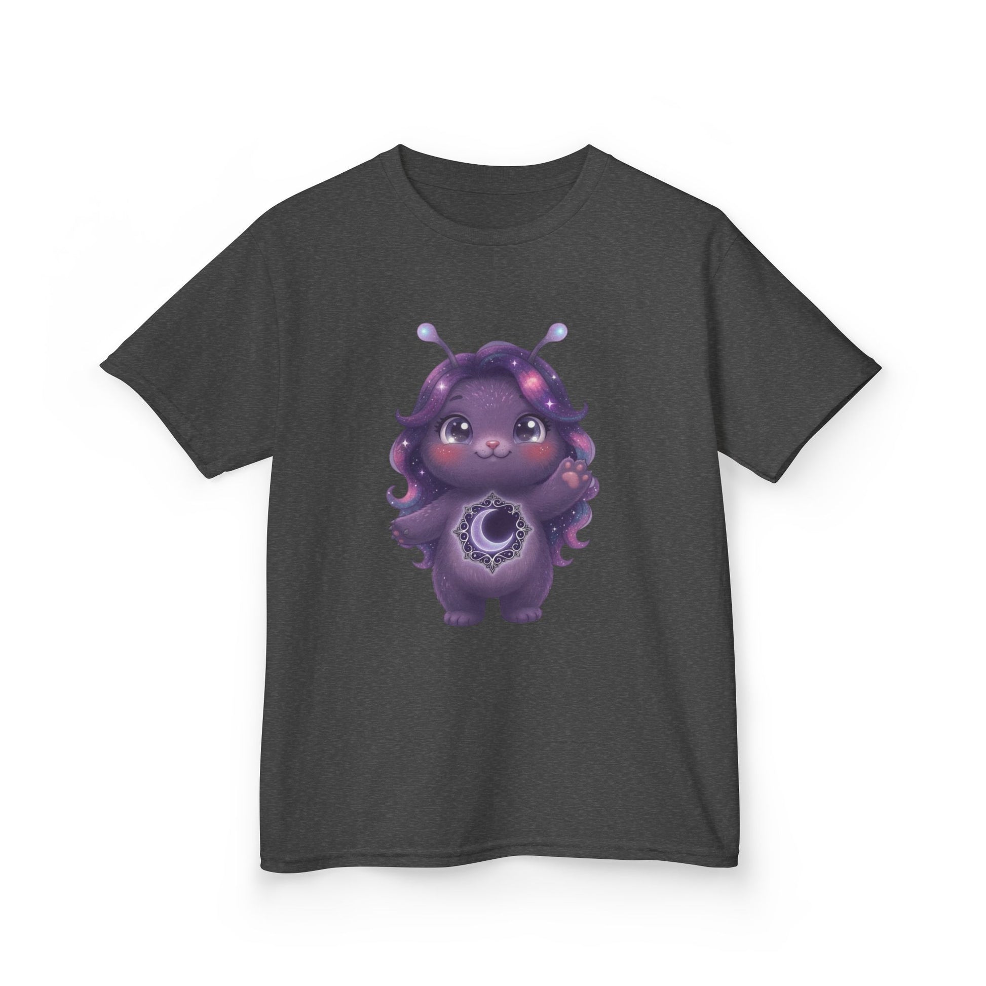 Dark gray crew-neck t-shirt featuring a cute purple galaxy creature with antennae, long wavy hair, and a glowing crescent moon emblem on its chest.