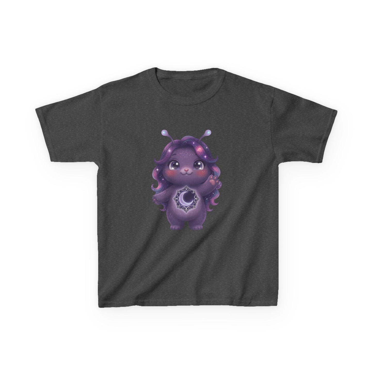 Dark gray crew-neck t-shirt featuring a cute purple galaxy creature with antennae, long wavy hair, and a glowing crescent moon emblem on its chest.
