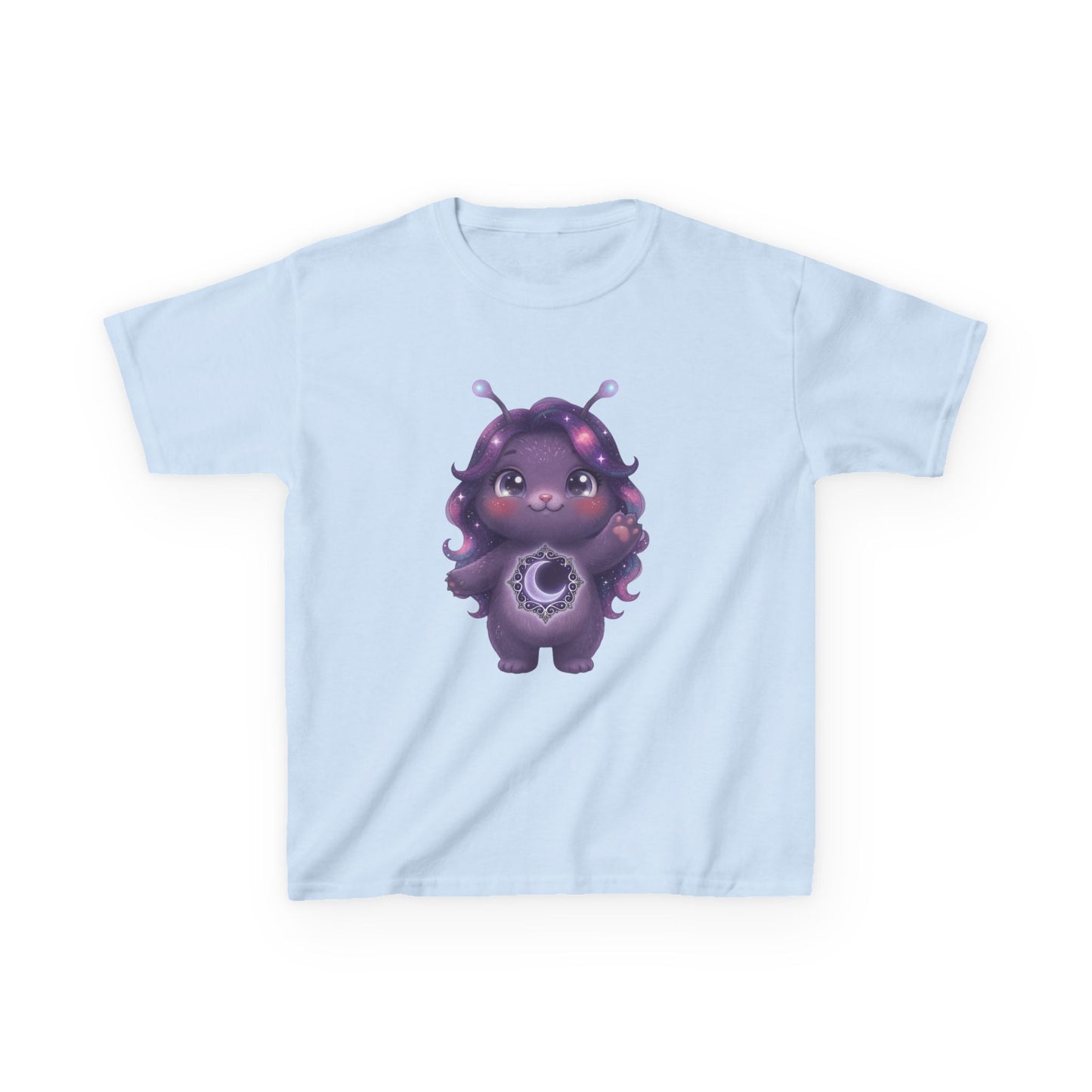 Light blue crew-neck t-shirt featuring a cute purple galaxy creature with antennae, long wavy hair, and a glowing crescent moon emblem on its chest.