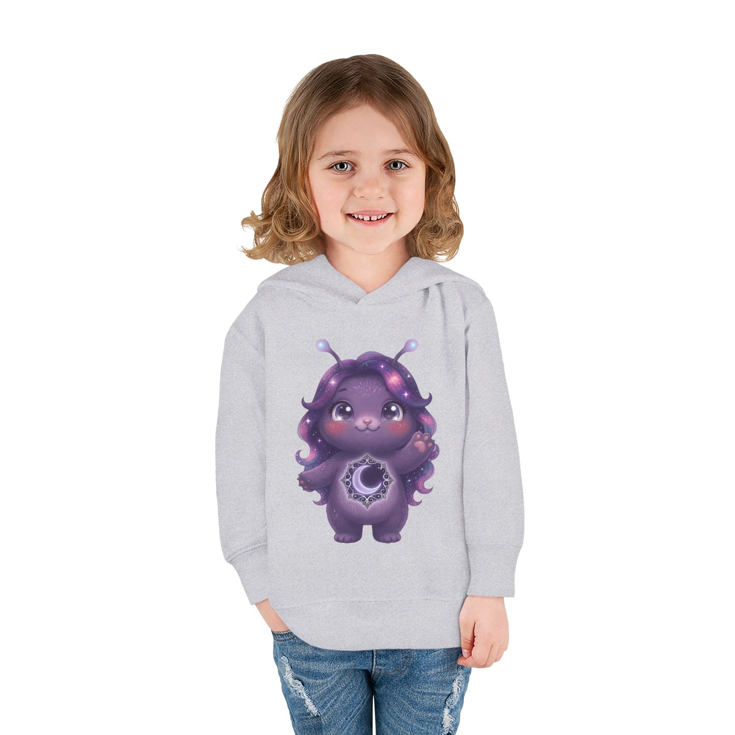Light gray hoodie featuring a cute purple galaxy creature with antennae, long wavy hair, and a glowing crescent moon emblem on its chest.