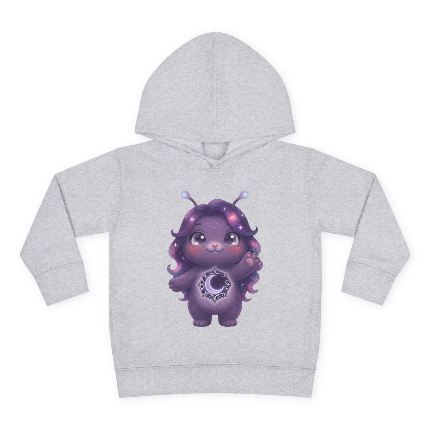 Light gray hoodie featuring a cute purple galaxy creature with antennae, long wavy hair, and a glowing crescent moon emblem on its chest.
