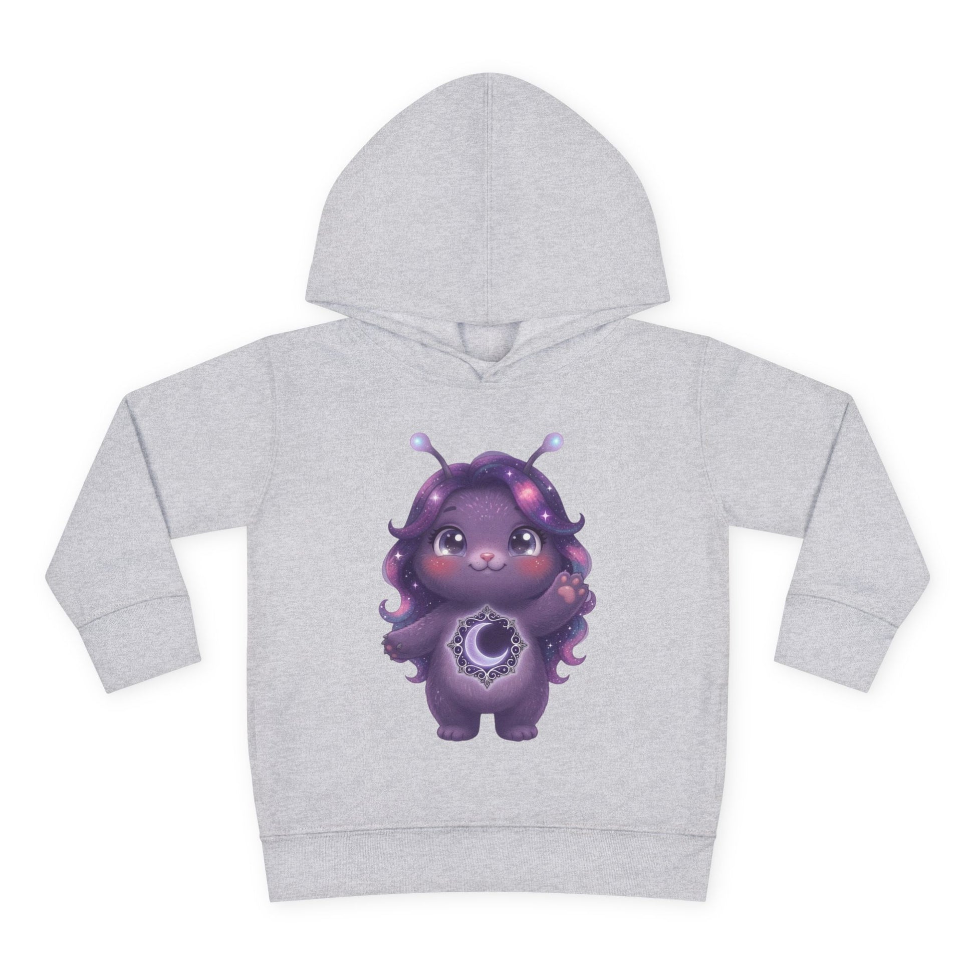 Light gray hoodie featuring a cute purple galaxy creature with antennae, long wavy hair, and a glowing crescent moon emblem on its chest.