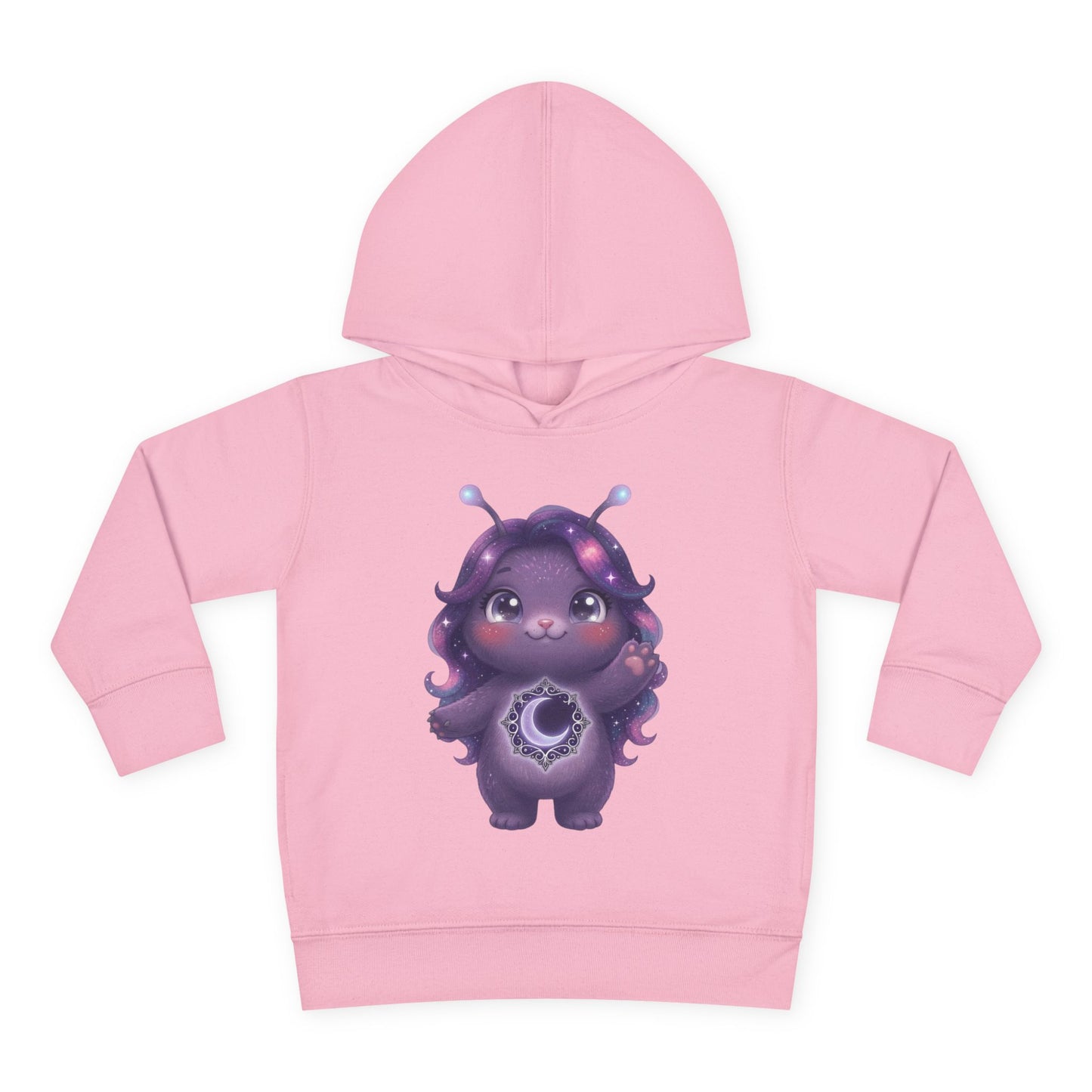 Light pink hoodie featuring a cute purple galaxy creature with antennae, long wavy hair, and a glowing crescent moon emblem on its chest.