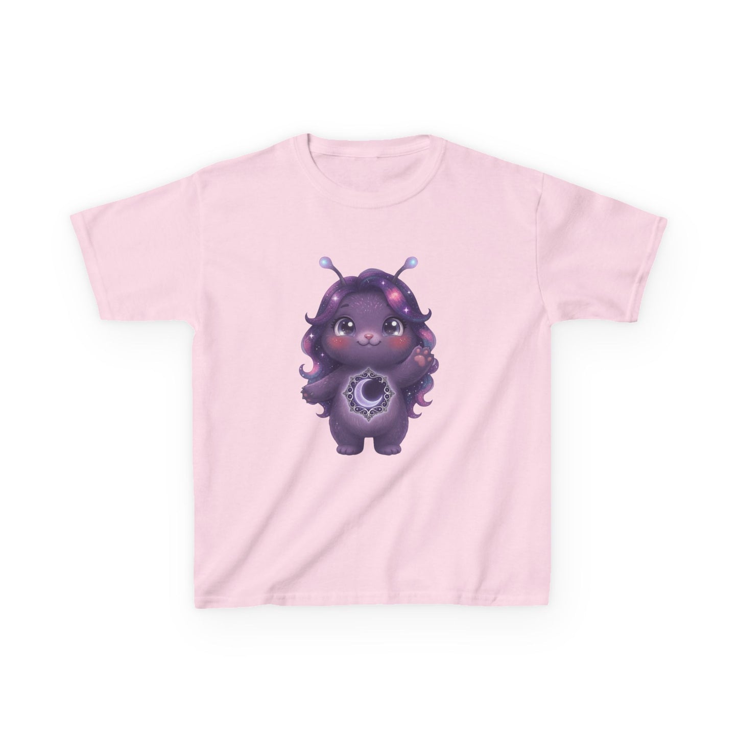 Light pink crew-neck t-shirt featuring a cute purple galaxy creature with antennae, long wavy hair, and a glowing crescent moon emblem on its chest.