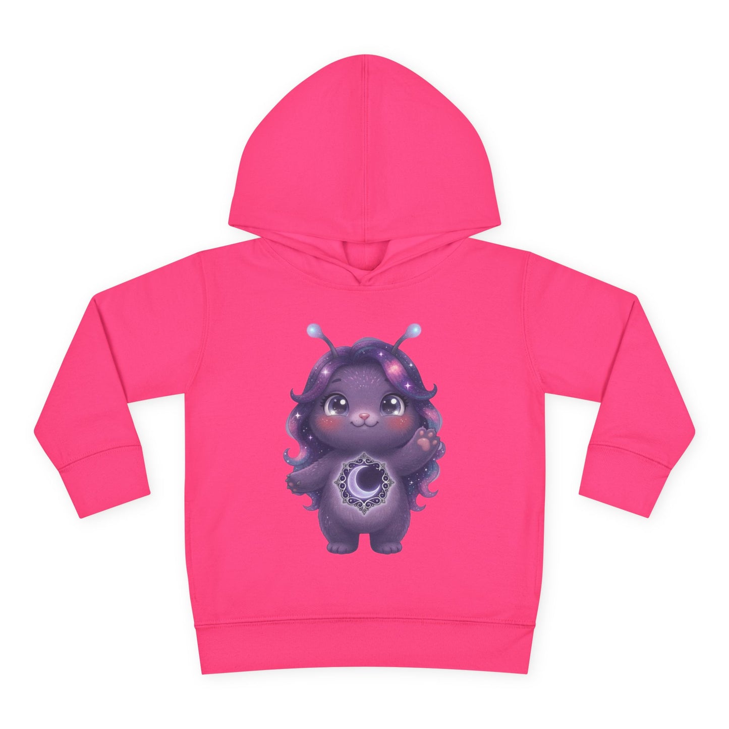 Pink hoodie featuring a cute purple galaxy creature with antennae, long wavy hair, and a glowing crescent moon emblem on its chest.