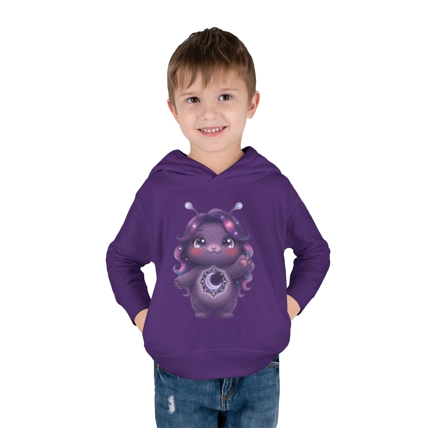 Purple hoodie featuring a cute purple galaxy creature with antennae, long wavy hair, and a glowing crescent moon emblem on its chest.