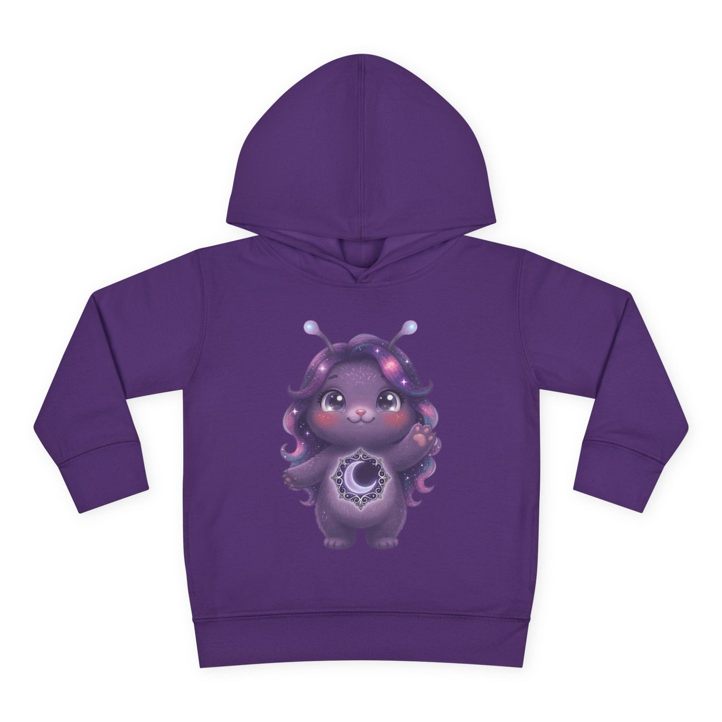 Purple hoodie featuring a cute purple galaxy creature with antennae, long wavy hair, and a glowing crescent moon emblem on its chest.