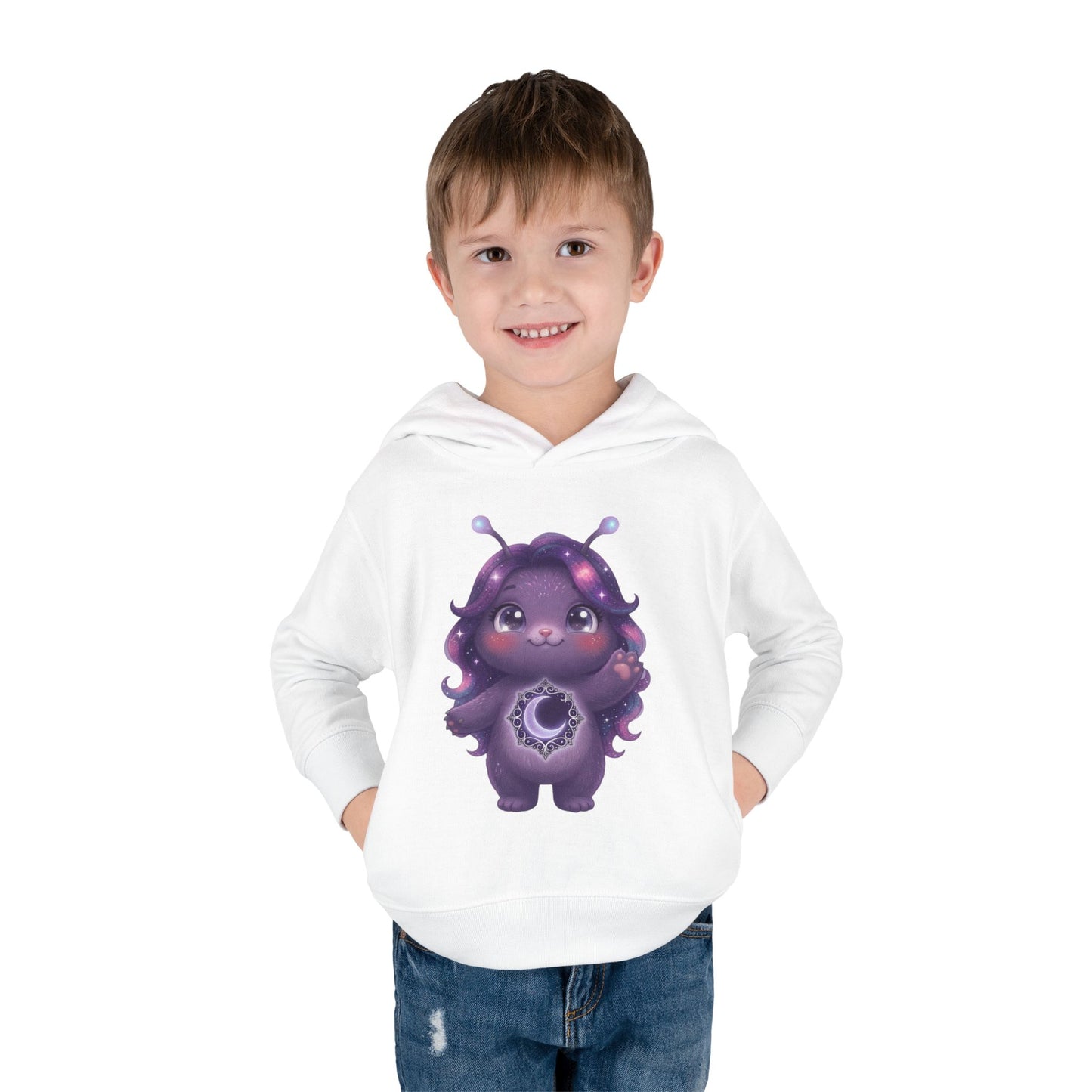 White hoodie featuring a cute purple galaxy creature with antennae, long wavy hair, and a glowing crescent moon emblem on its chest.