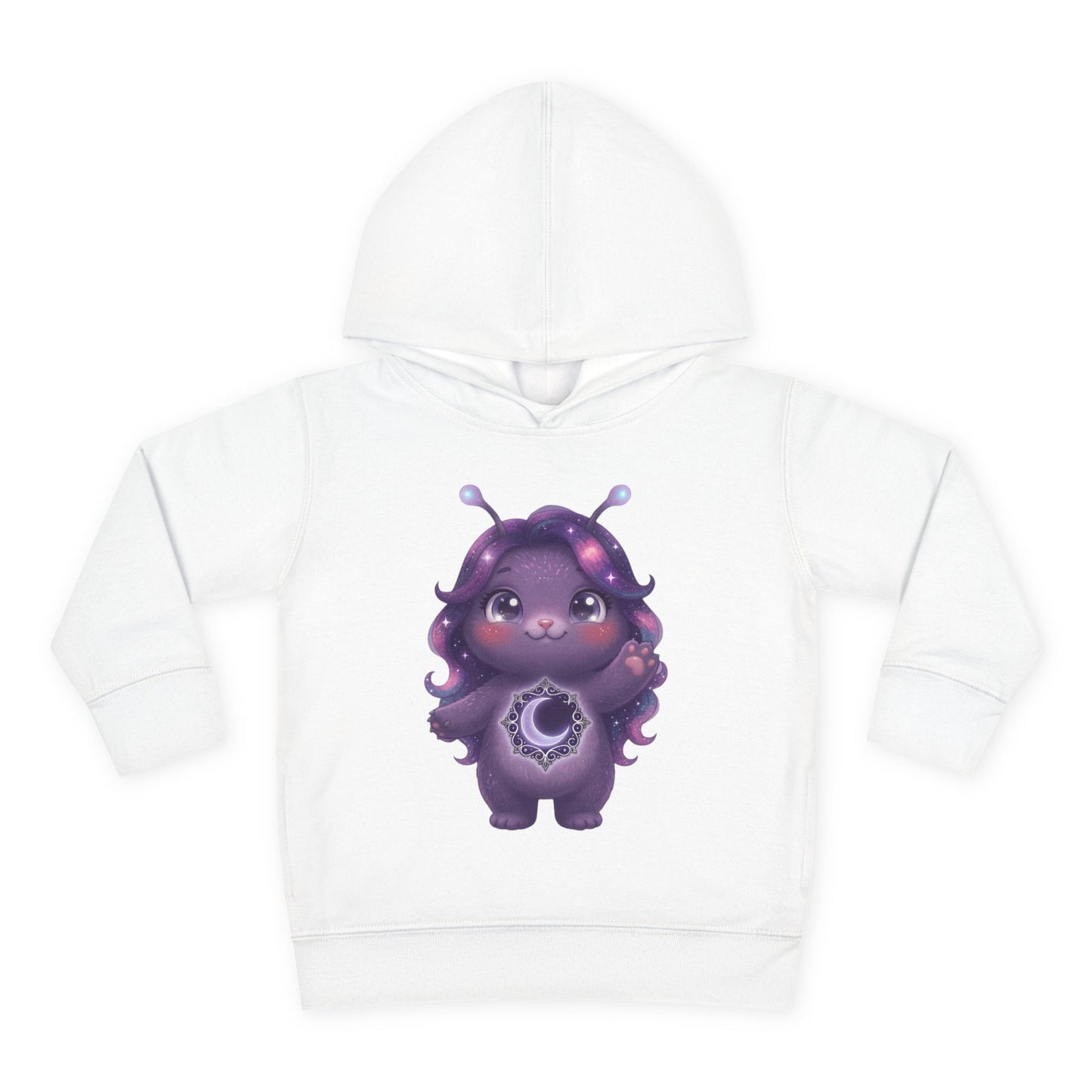 White hoodie featuring a cute purple galaxy creature with antennae, long wavy hair, and a glowing crescent moon emblem on its chest.