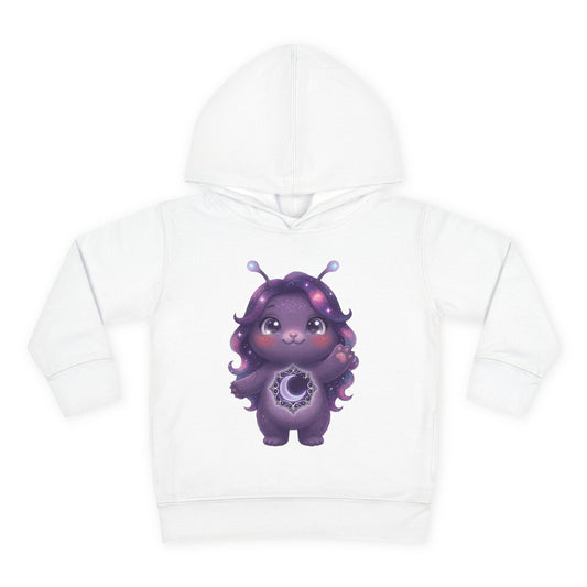 White hoodie featuring a cute purple galaxy creature with antennae, long wavy hair, and a glowing crescent moon emblem on its chest.