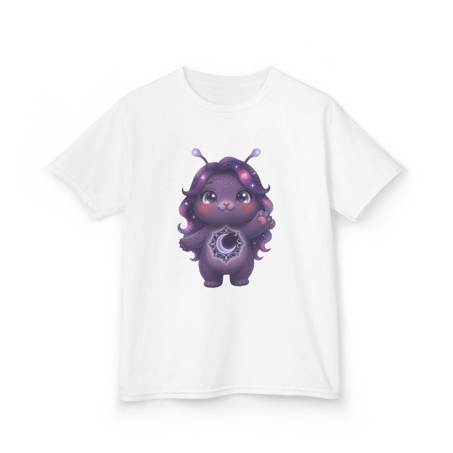 White crew-neck t-shirt featuring a cute purple galaxy creature with antennae, long wavy hair, and a glowing crescent moon emblem on its chest.