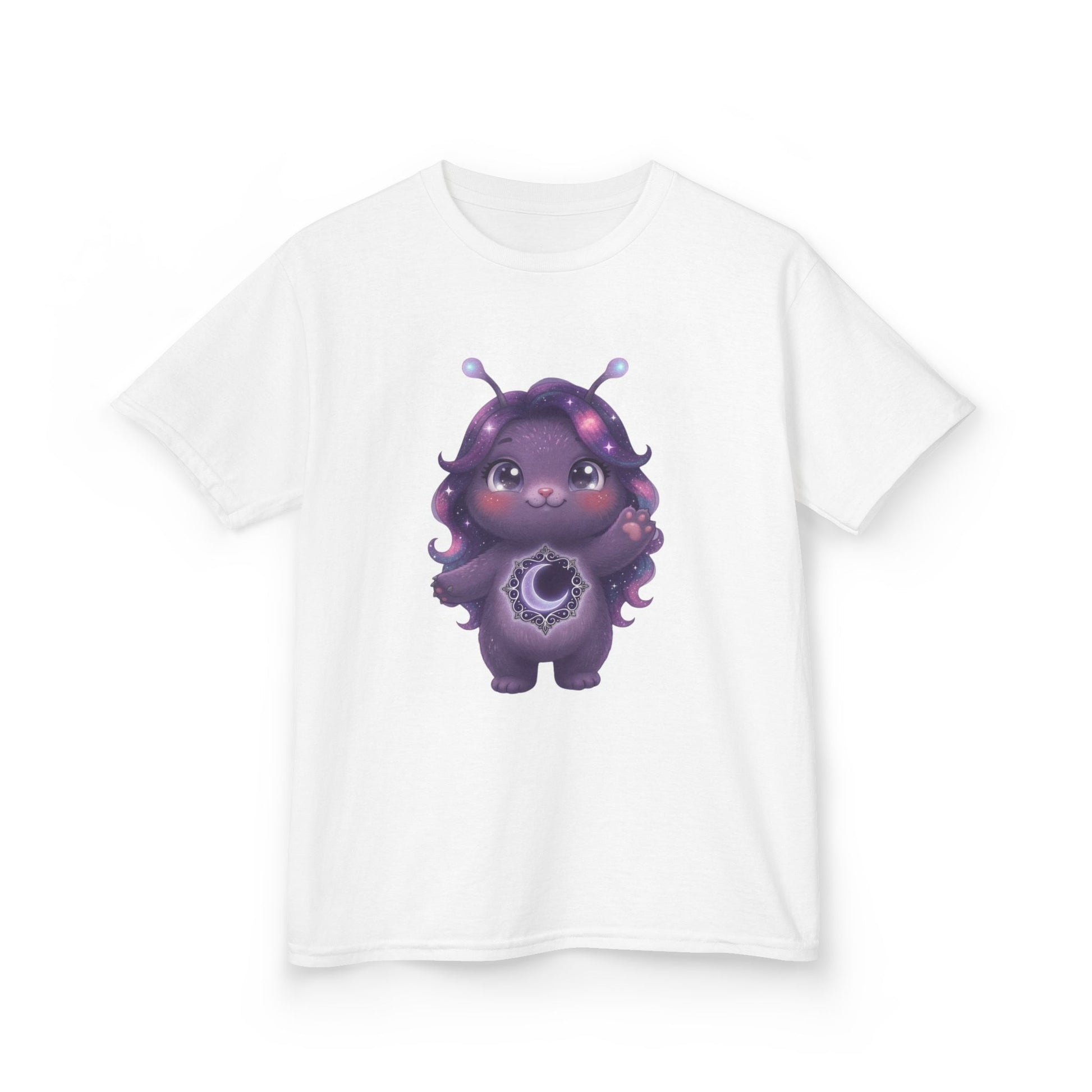 White crew-neck t-shirt featuring a cute purple galaxy creature with antennae, long wavy hair, and a glowing crescent moon emblem on its chest.