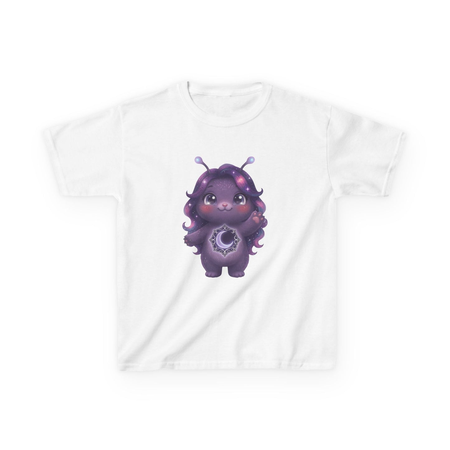 White crew-neck t-shirt featuring a cute purple galaxy creature with antennae, long wavy hair, and a glowing crescent moon emblem on its chest.