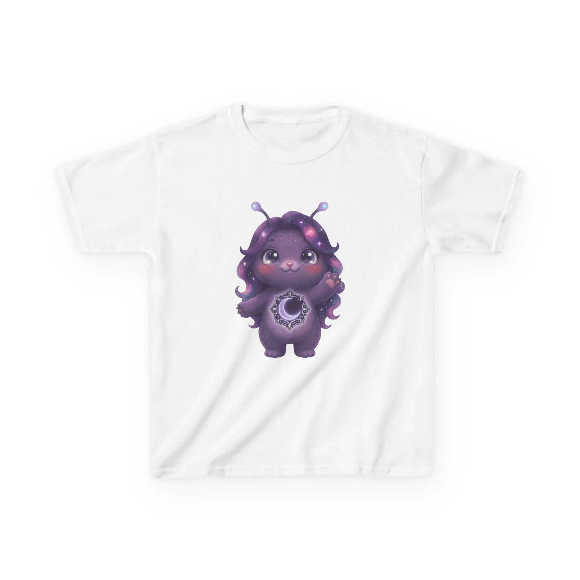 White crew-neck t-shirt featuring a cute purple galaxy creature with antennae, long wavy hair, and a glowing crescent moon emblem on its chest.