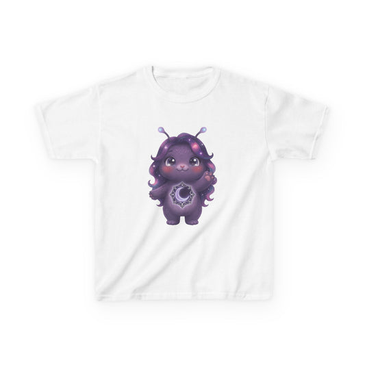 White crew-neck t-shirt featuring a cute purple galaxy creature with antennae, long wavy hair, and a glowing crescent moon emblem on its chest.
