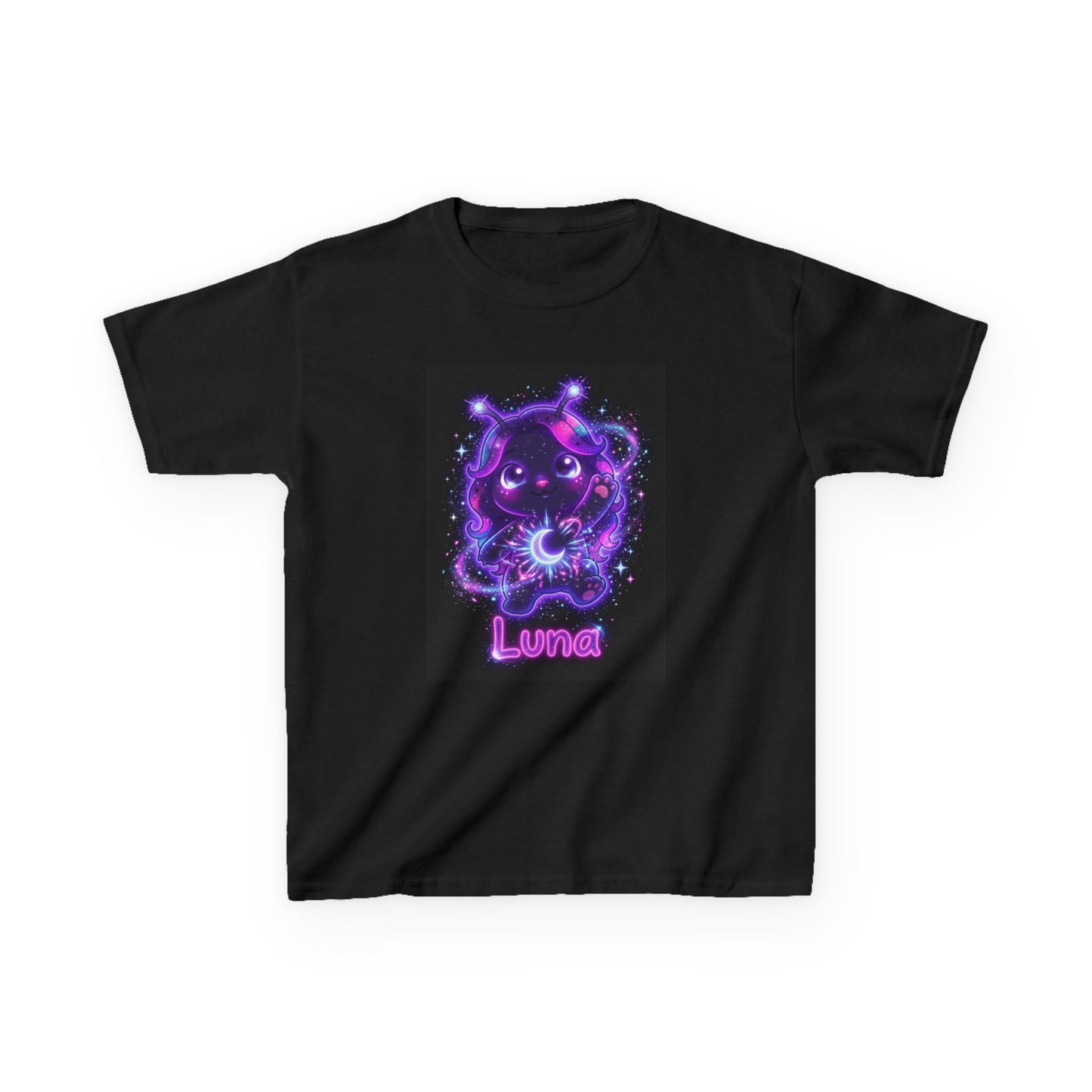 Black crew-neck t-shirt featuring a cute glowing purple alien character with antennae, large eyes, holding a bright energy orb amid stars and neon effects, with the word “Luna” in pink neon lettering below.