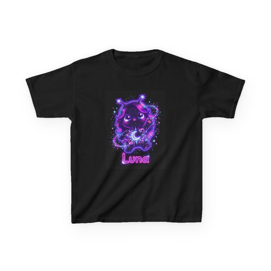 Black crew-neck t-shirt featuring a cute glowing purple alien character with antennae, large eyes, holding a bright energy orb amid stars and neon effects, with the word “Luna” in pink neon lettering below.