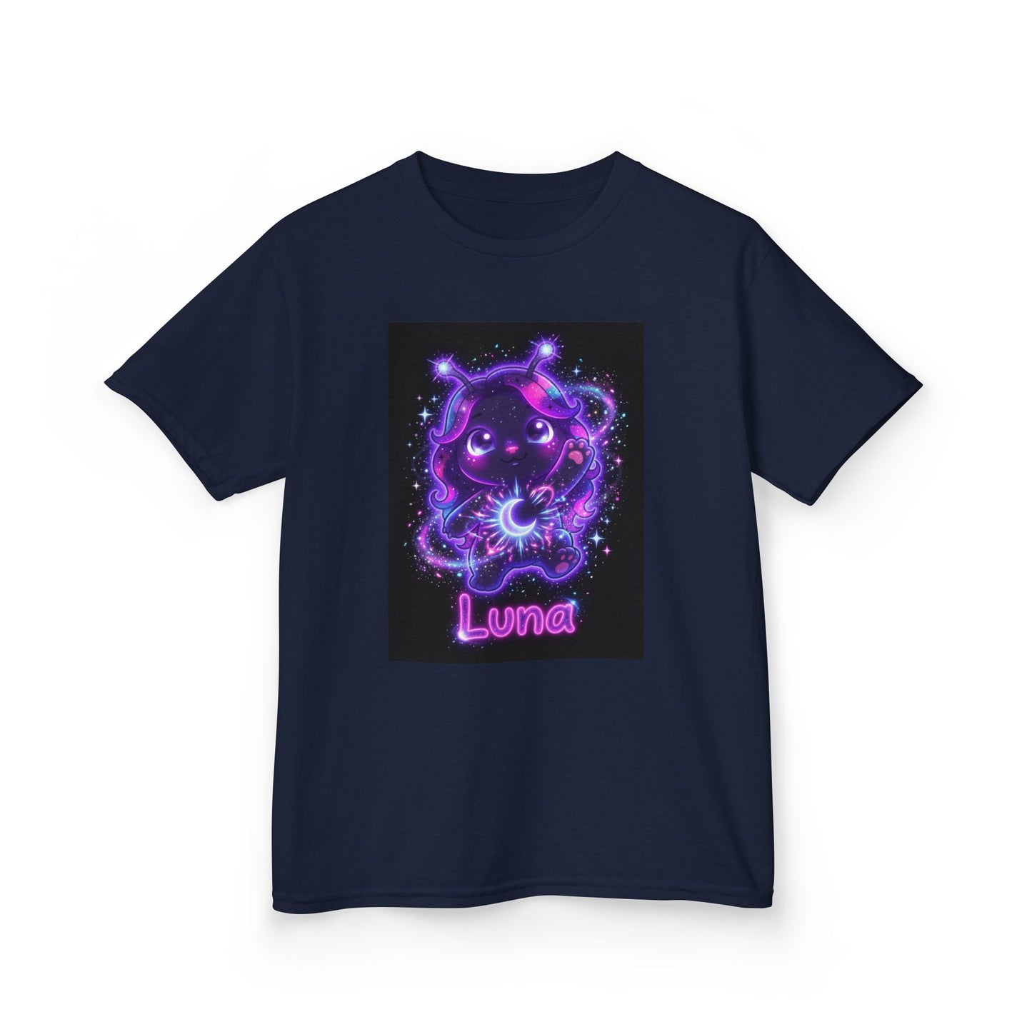 Navy blue crew-neck t-shirt featuring a cute glowing purple alien character with antennae, large eyes, holding a bright energy orb, surrounded by stars and neon effects, with the word “Luna” in pink neon lettering below.