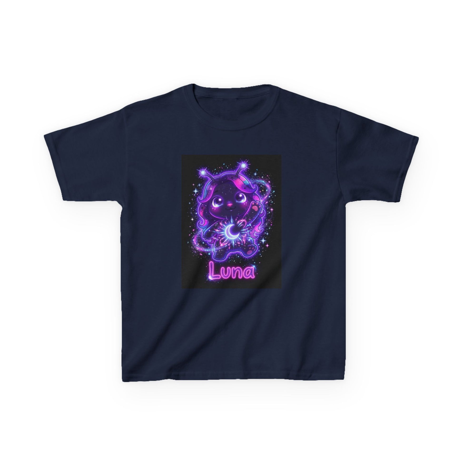 Navy blue crew-neck t-shirt with a glowing purple alien character featuring large eyes, antennae, holding a bright energy orb amid stars and neon effects, with the word “Luna” in pink neon text below.