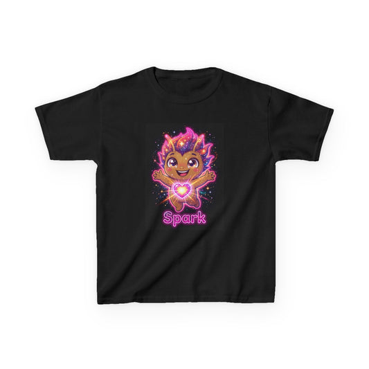 Black kids t-shirt featuring Spark the Kindness Trait Buddy with neon rainbow energy effects from OrbPals