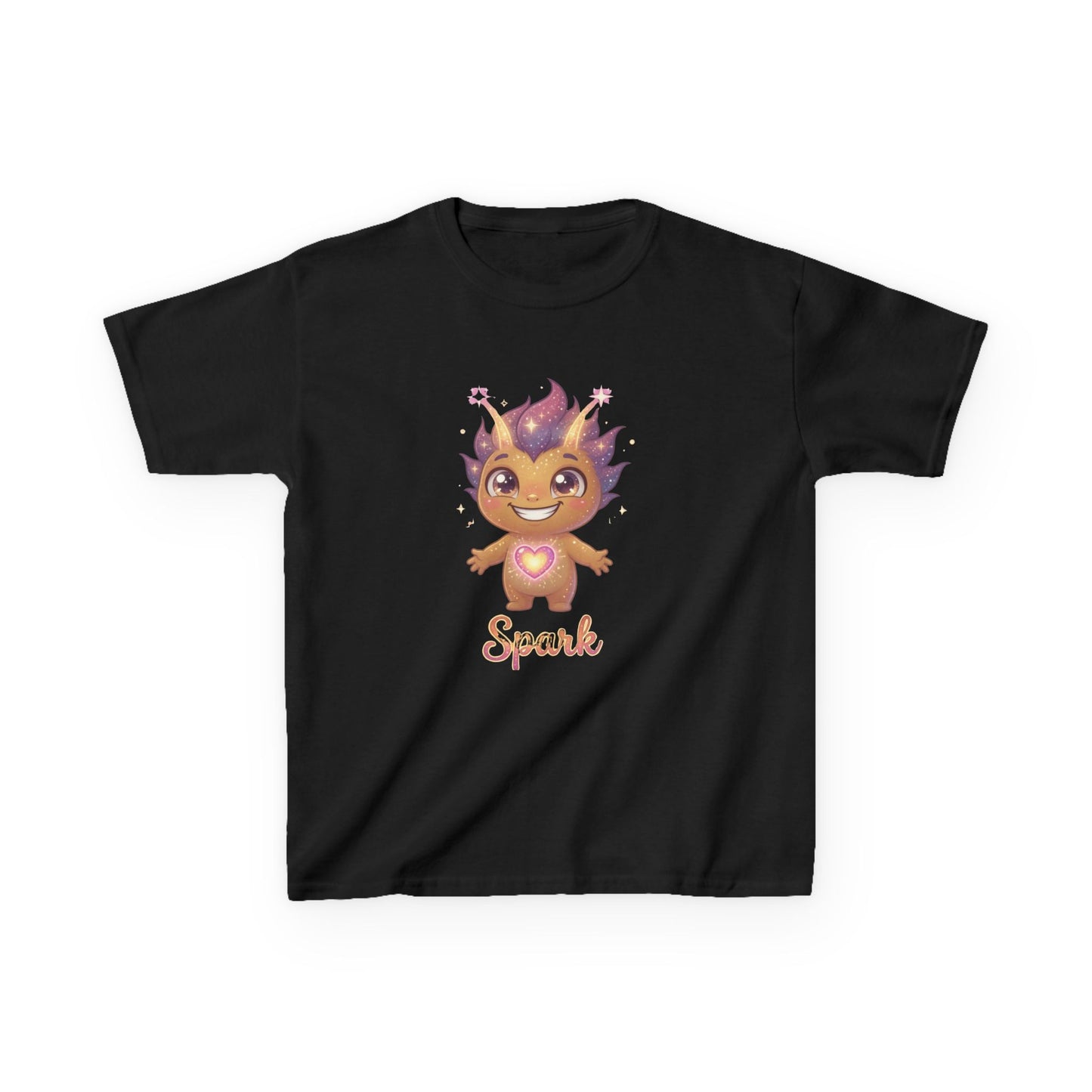 Black kids t-shirt featuring Spark the Kindness Trait Buddy with purple hair and glowing heart from OrbPals