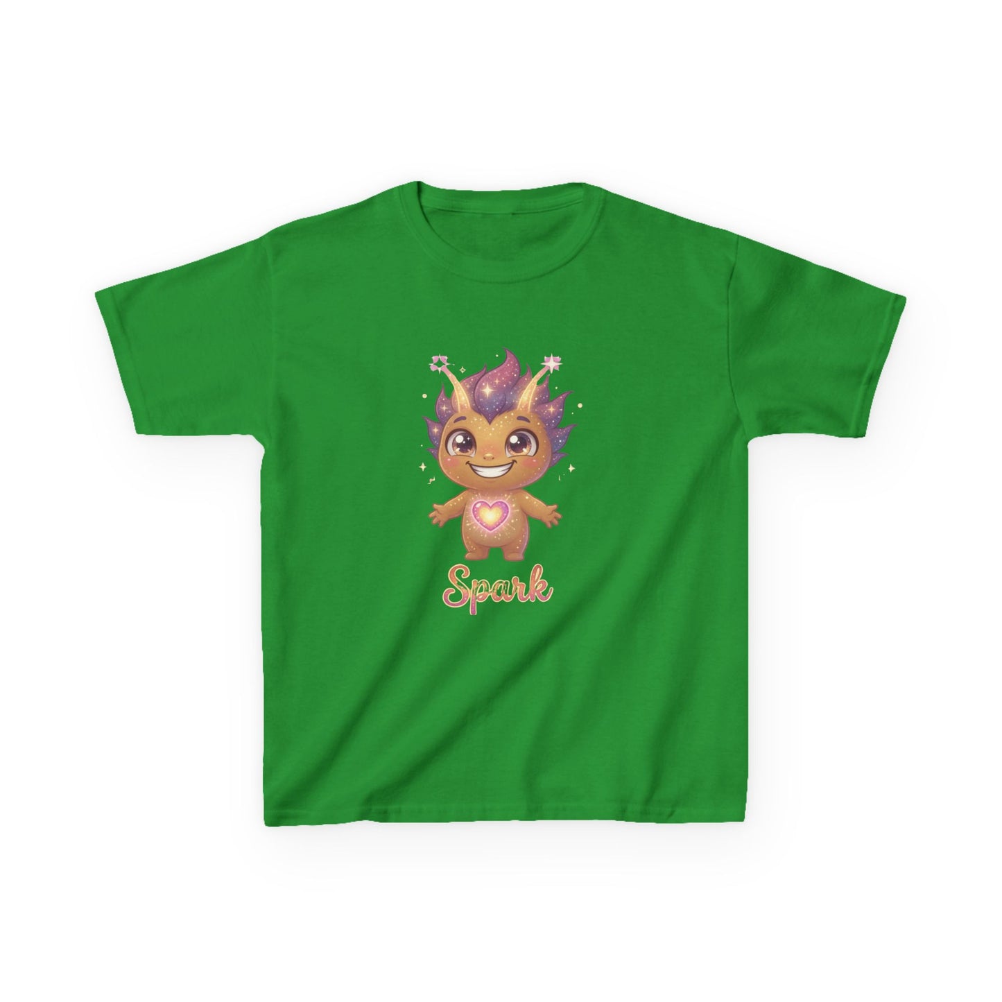 Green kids t-shirt featuring Spark the Kindness Trait Buddy with purple hair and glowing heart from OrbPals