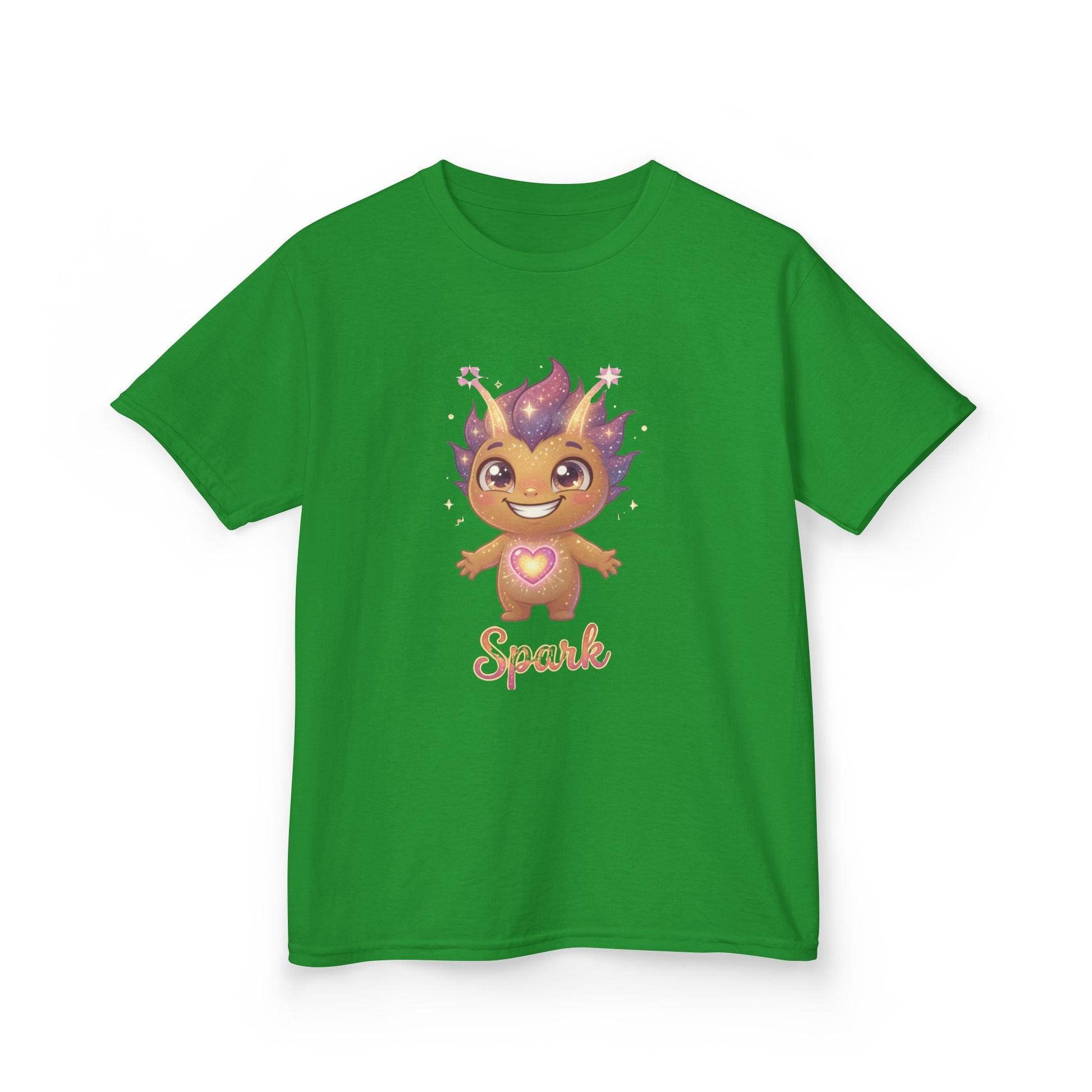 Green kids t-shirt featuring Spark the Kindness Trait Buddy with purple hair and glowing heart from OrbPals