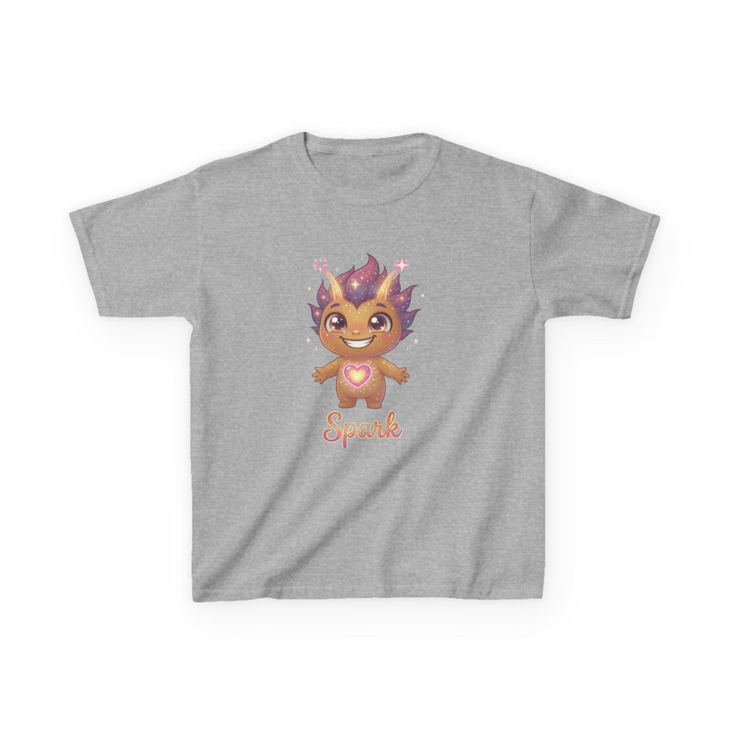 Heather gray kids t-shirt featuring Spark the Kindness Trait Buddy with purple hair and glowing heart from OrbPals