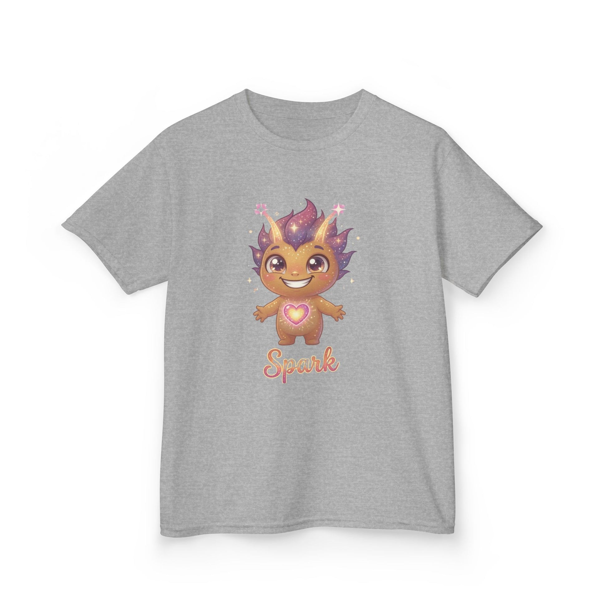 Heather gray kids t-shirt featuring Spark the Kindness Trait Buddy with purple hair and glowing heart from OrbPals
