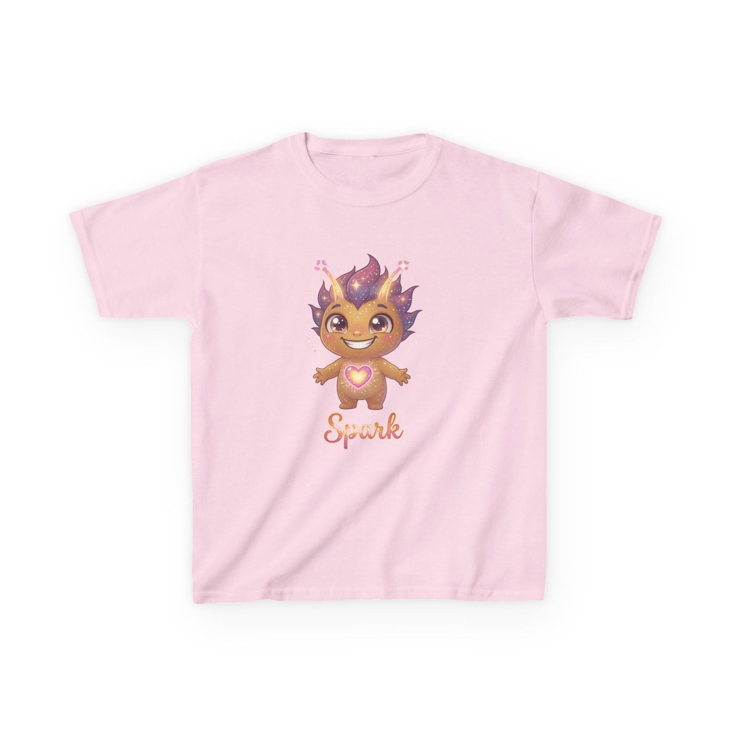 Light pink kids t-shirt featuring Spark the Kindness Trait Buddy with purple hair and glowing heart from OrbPals