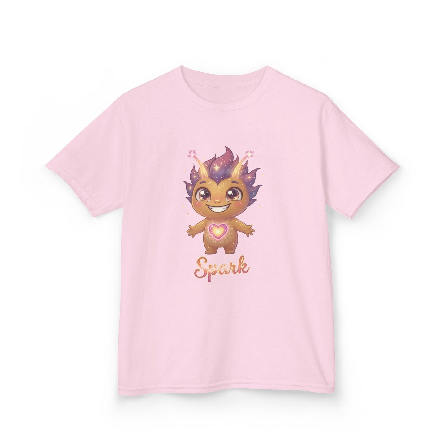 Light pink kids t-shirt featuring Spark the Kindness Trait Buddy with purple hair and glowing heart from OrbPals