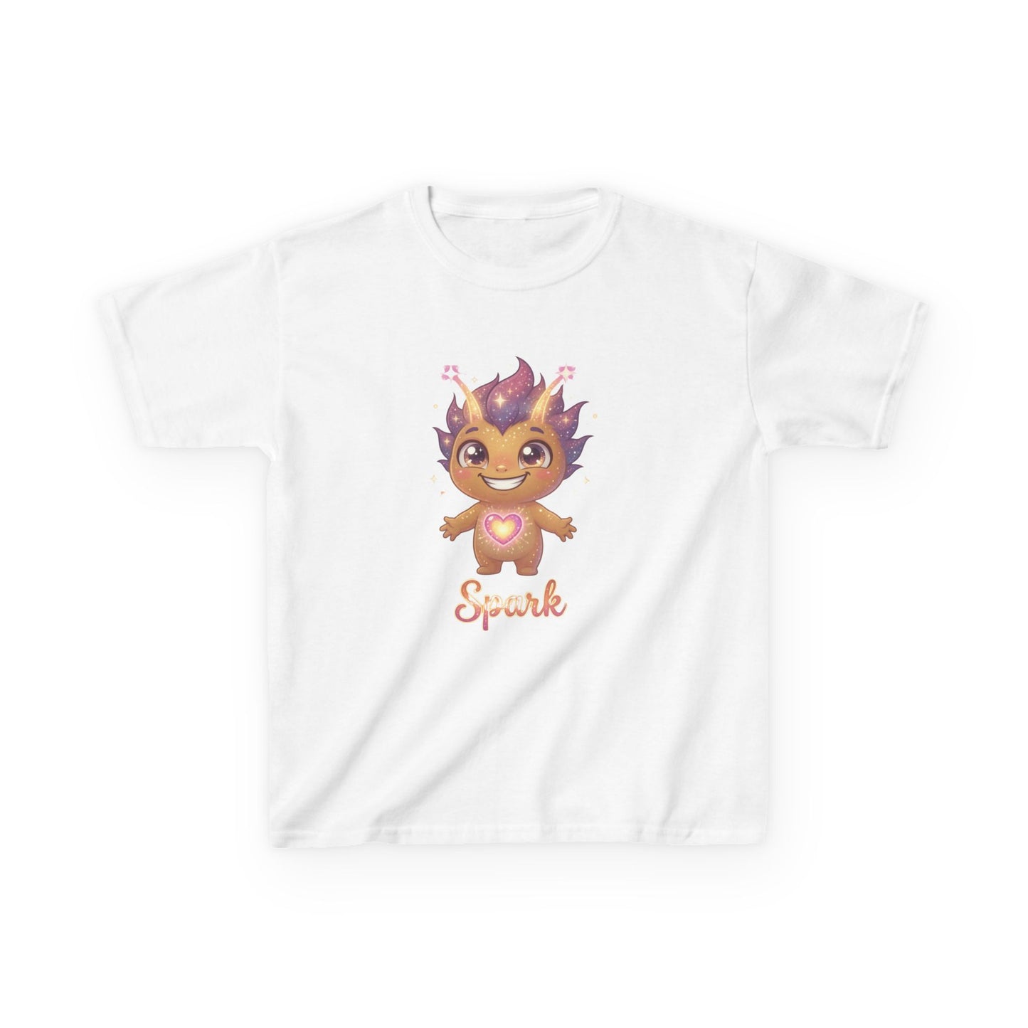 White kids t-shirt featuring Spark the Kindness Trait Buddy with purple hair and glowing heart from OrbPals