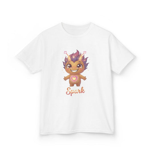 White kids t-shirt featuring Spark the Kindness Trait Buddy with purple hair and glowing heart from OrbPals