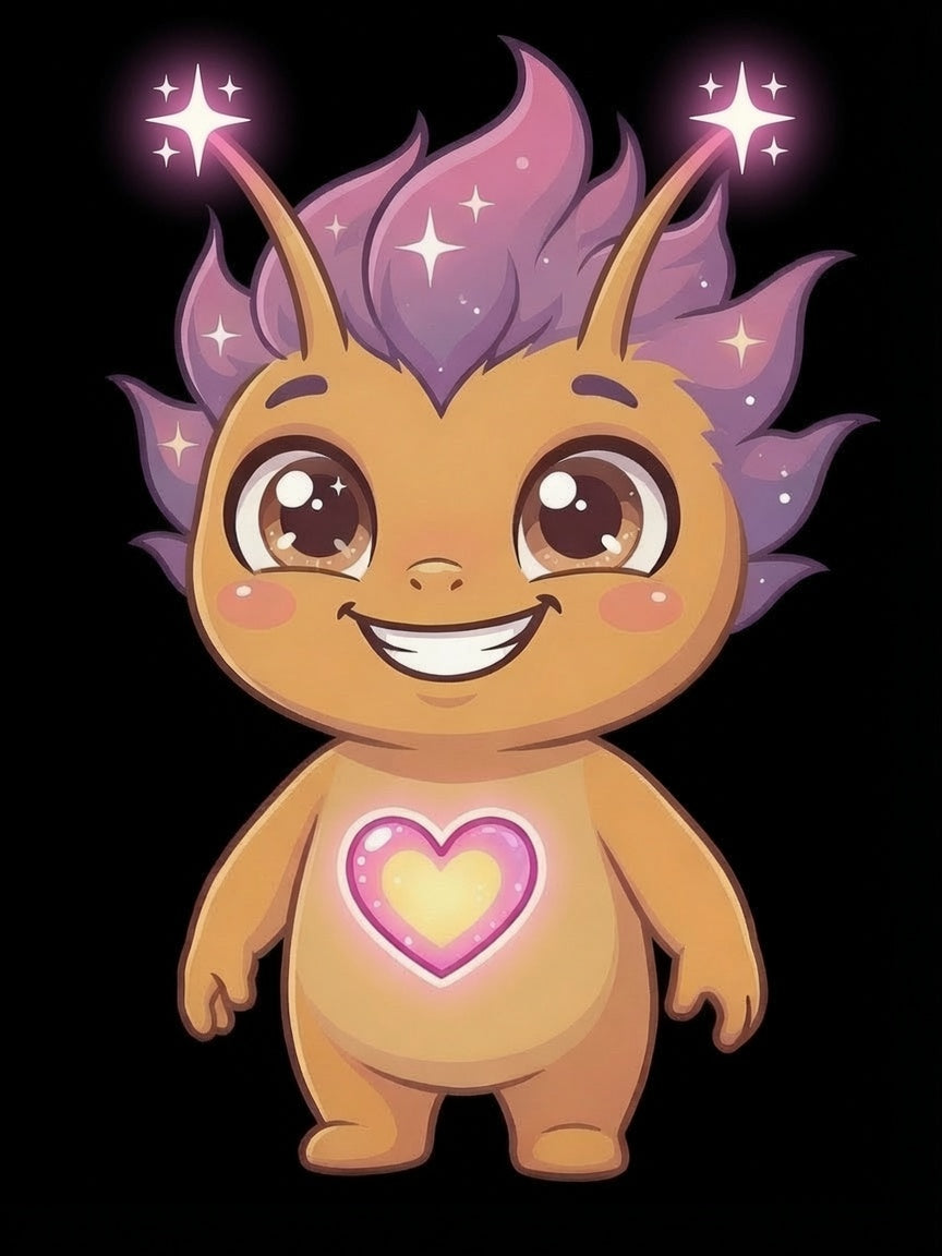 Spark the Kindness Trait Buddy with purple spiky hair and glowing heart emblem from OrbPals