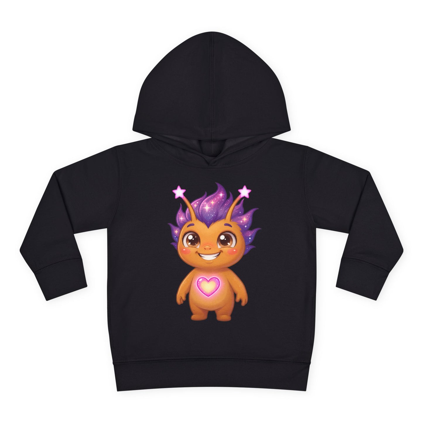 Black hoodie featuring a cheerful golden character with purple spiky hair, star accents, and a glowing purple heart on its chest.