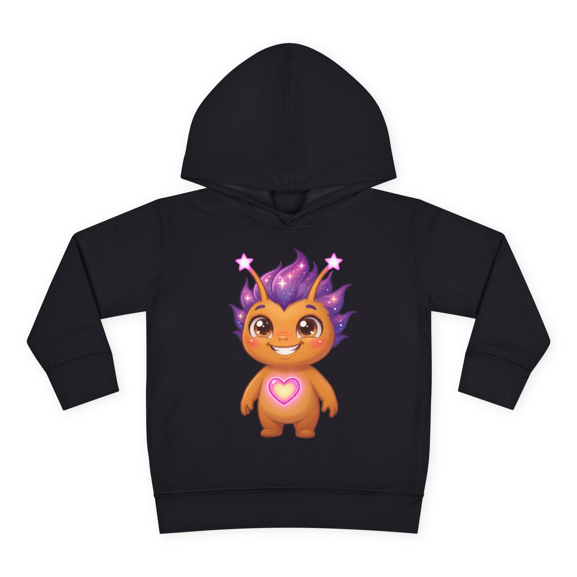 Black hoodie featuring a cheerful golden character with purple spiky hair, star accents, and a glowing purple heart on its chest.