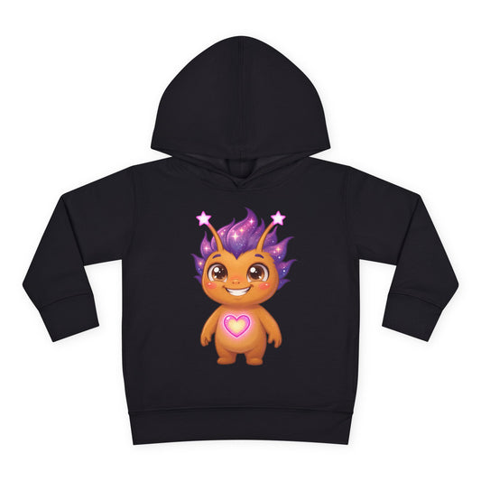 Black hoodie featuring a cheerful golden character with purple spiky hair, star accents, and a glowing purple heart on its chest.