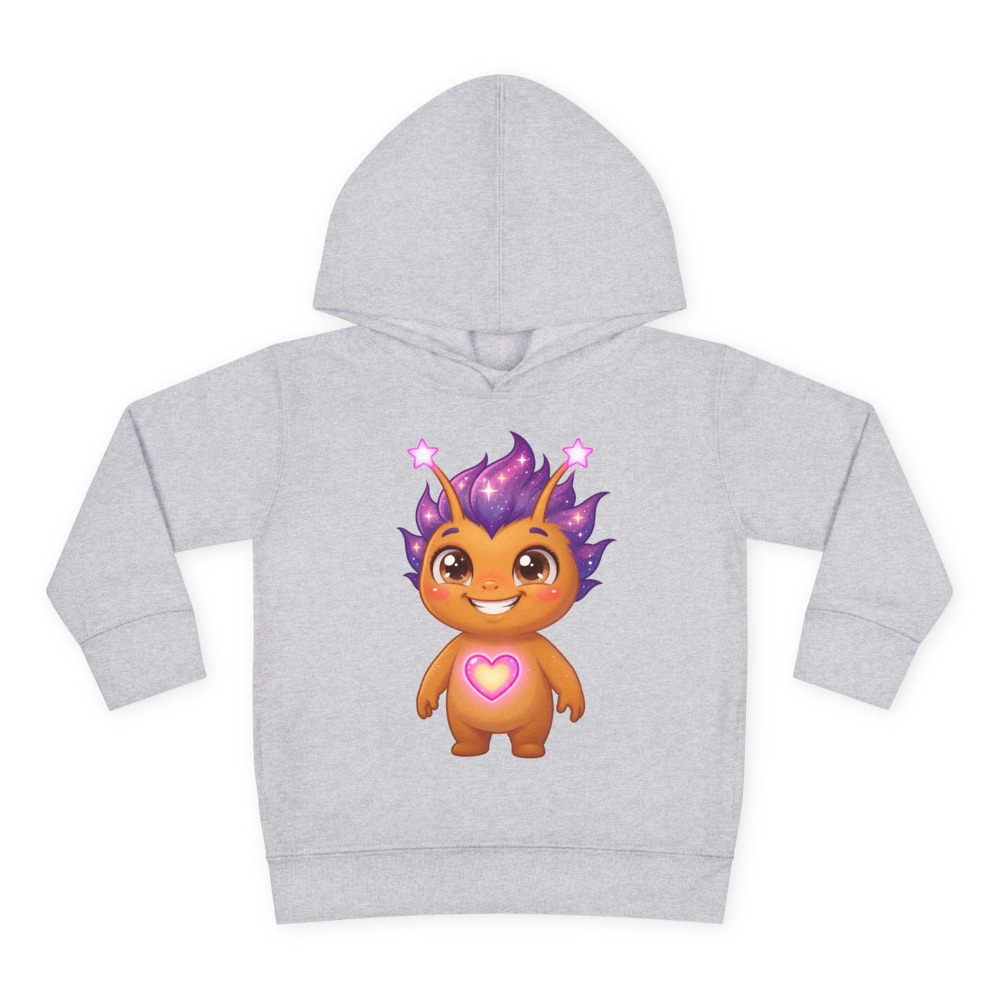 Gray hoodie featuring a cheerful golden character with purple spiky hair, star accents, and a glowing purple heart on its chest.