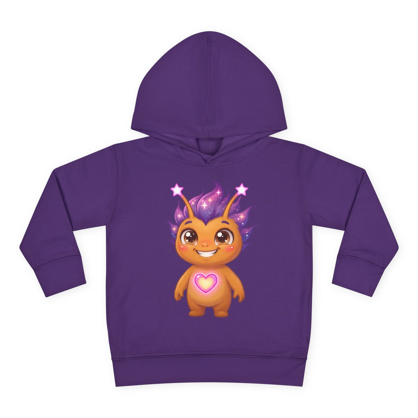 Purple hoodie featuring a cheerful golden character with purple spiky hair, star accents, and a glowing purple heart on its chest.