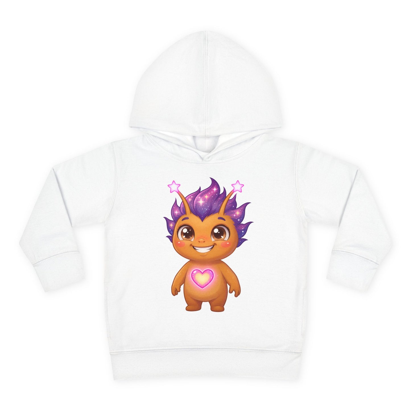 White hoodie featuring a cheerful golden character with purple spiky hair, star accents, and a glowing purple heart on its chest.