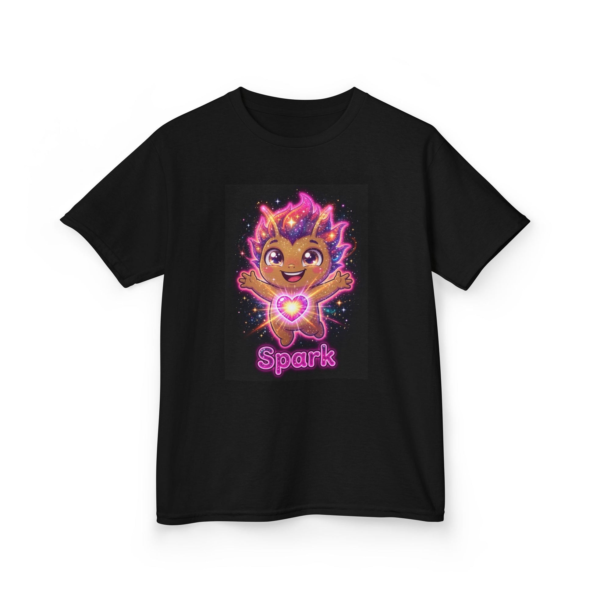 Black crew-neck t-shirt featuring a cheerful golden character with flaming pink and purple hair, arms raised, glowing heart on chest, surrounded by stars and neon effects, with the word “Spark” in pink neon lettering below.