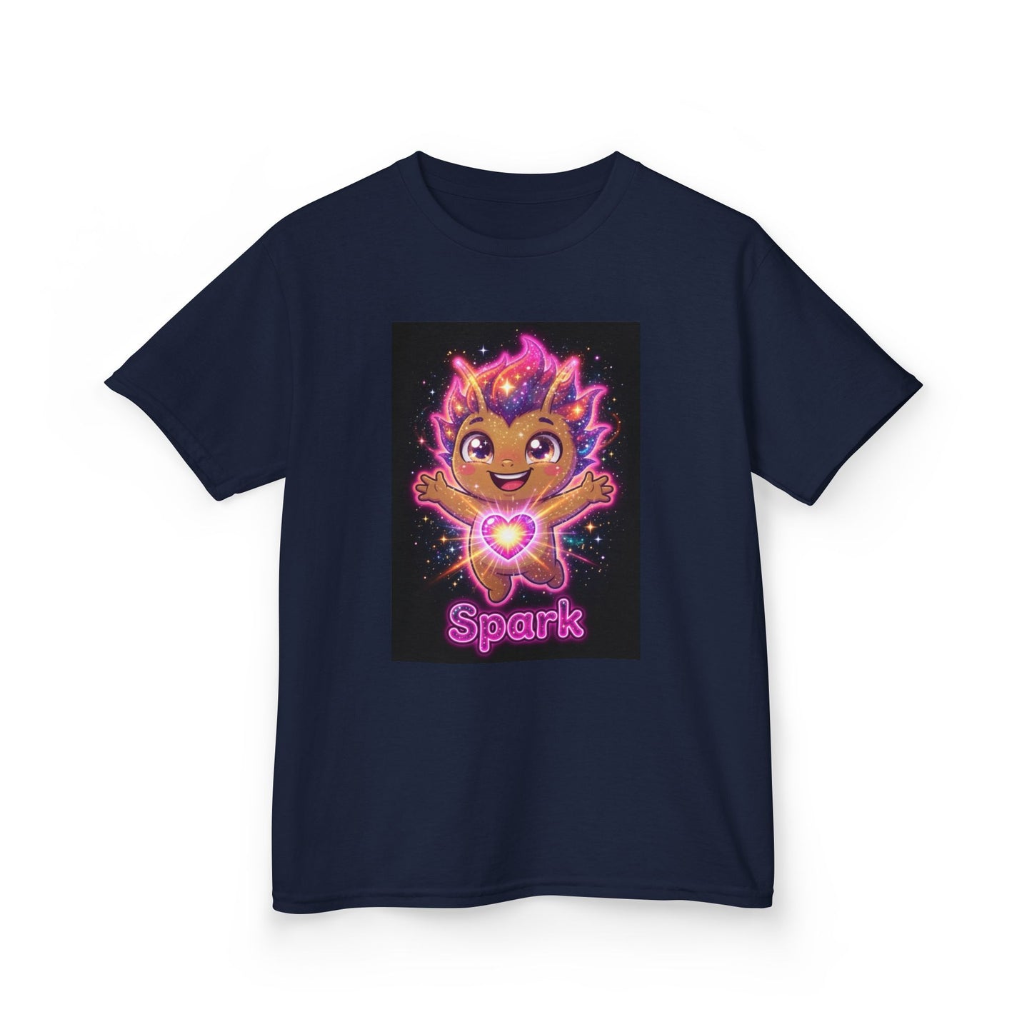 Navy blue crew-neck t-shirt featuring a cheerful golden character with flaming pink and purple hair, arms raised, glowing heart on chest, surrounded by stars and neon effects, with the word “Spark” in pink neon lettering below.