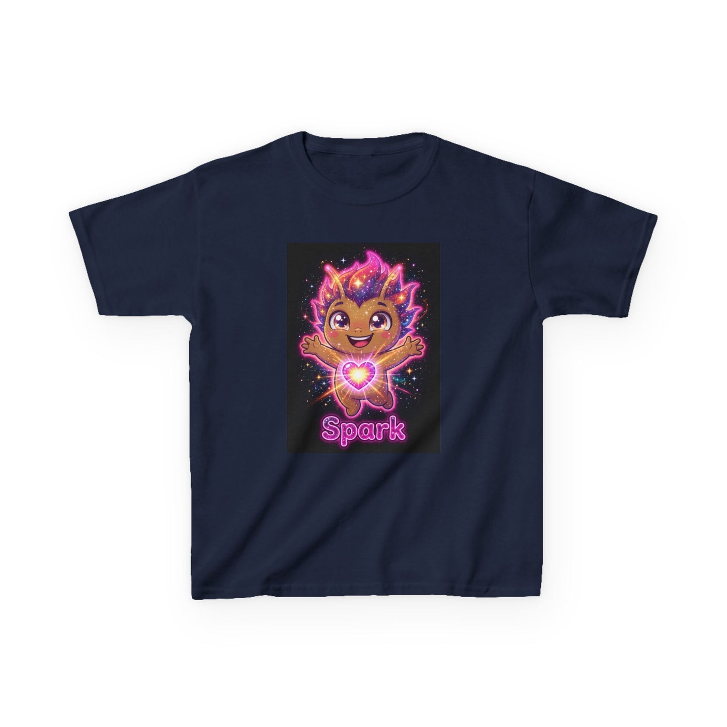 Navy blue crew-neck t-shirt featuring a cheerful golden character with flaming pink and purple hair, arms raised, glowing heart on chest, surrounded by stars and neon effects, with the word “Spark” in pink neon lettering below.