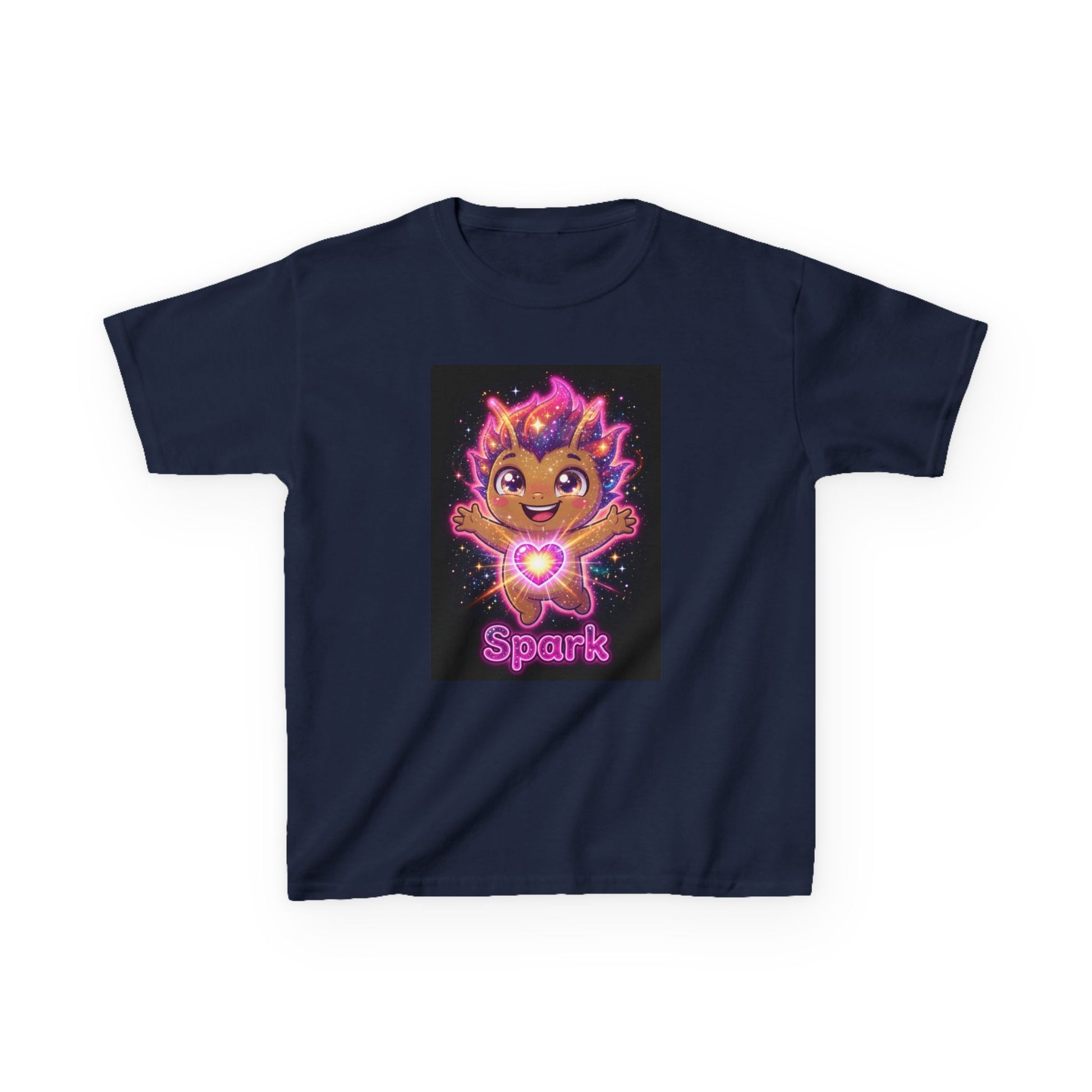 Navy blue crew-neck t-shirt featuring a cheerful golden character with flaming pink and purple hair, arms raised, glowing heart on chest, surrounded by stars and neon effects, with the word “Spark” in pink neon lettering below.