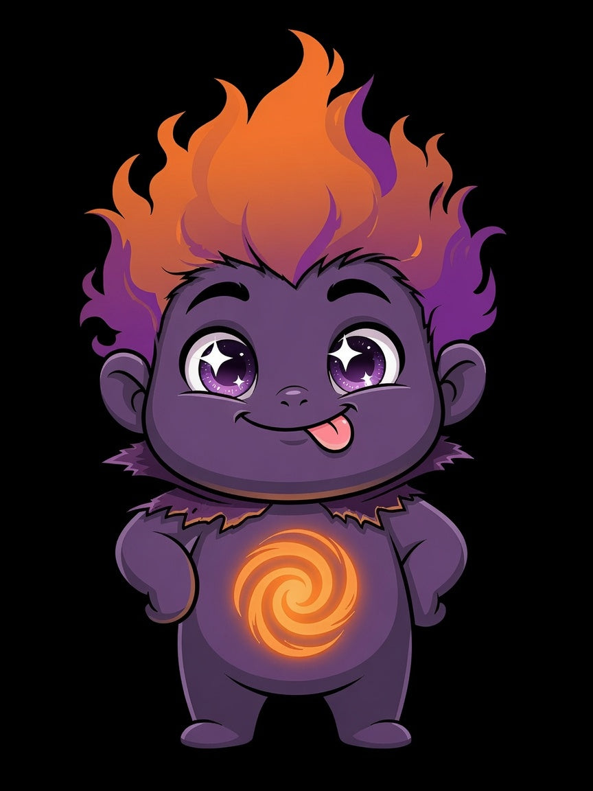 Zorby the Bounce-Back Trait Buddy with orange flame hair and glowing swirl emblem from OrbPals