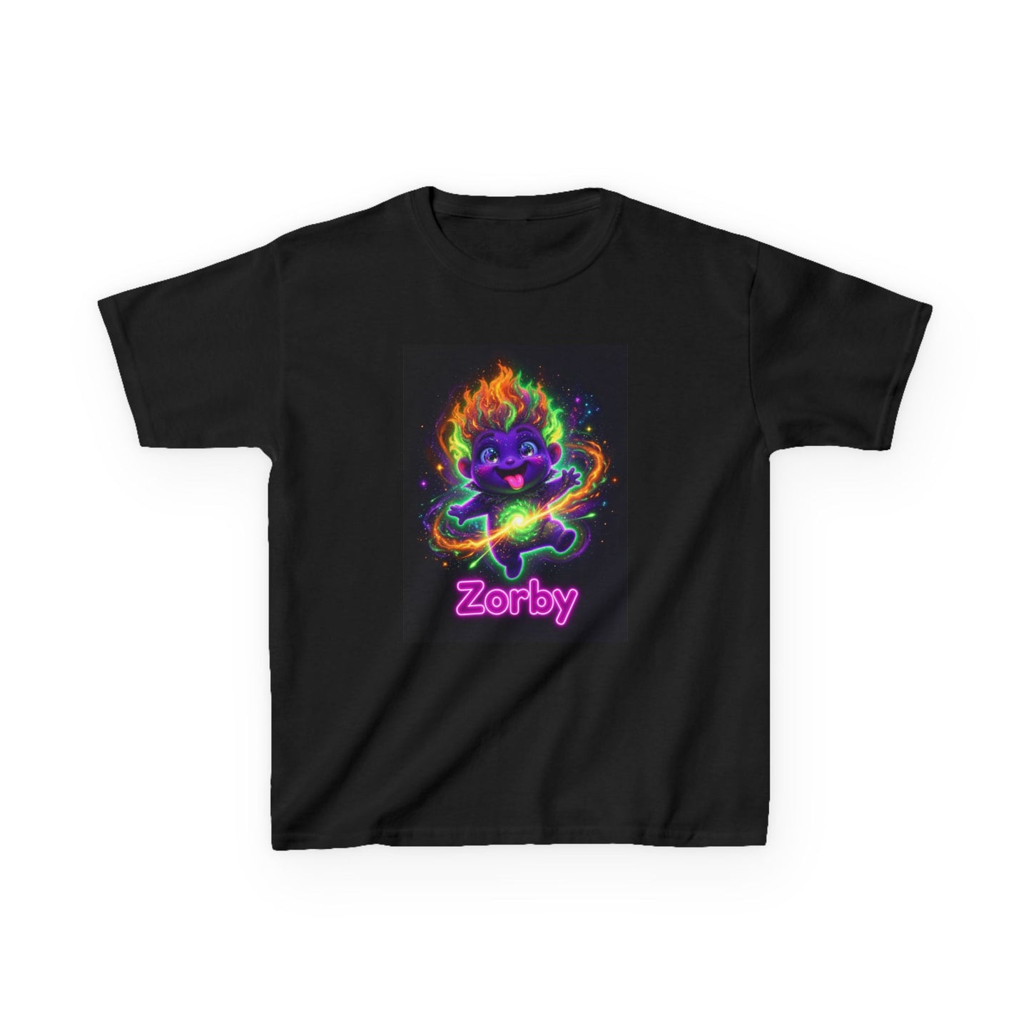 Black kids t-shirt featuring Zorby the Bounce-Back Trait Buddy with neon rainbow energy effects from OrbPals